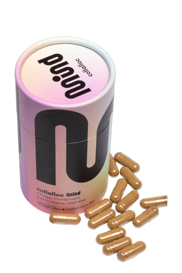collalloc MIND, tube of capsules and the 4 functional mushrooms